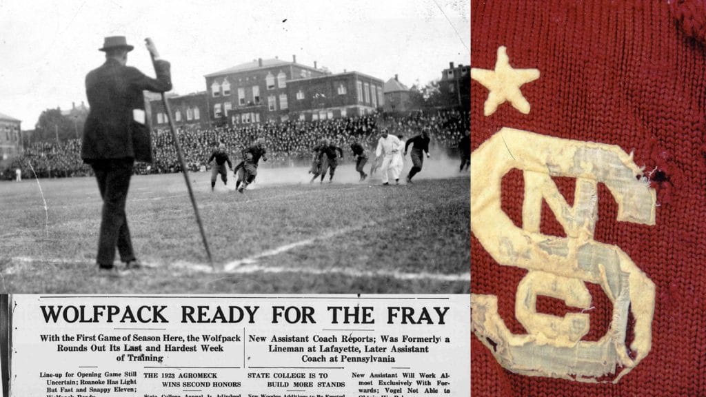 NC State Wolfpack football runs a play in Riddick Stadium. A Technician headline reads "Wolfpack Ready for the Fray." On the right, there is a soft, worn sweater with the NC State Block S and an embroidered star.