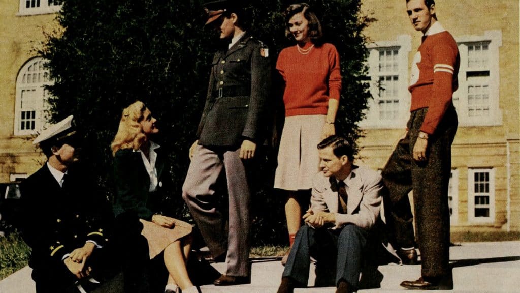NC State students posing for a group shot on campus during the 1940s.