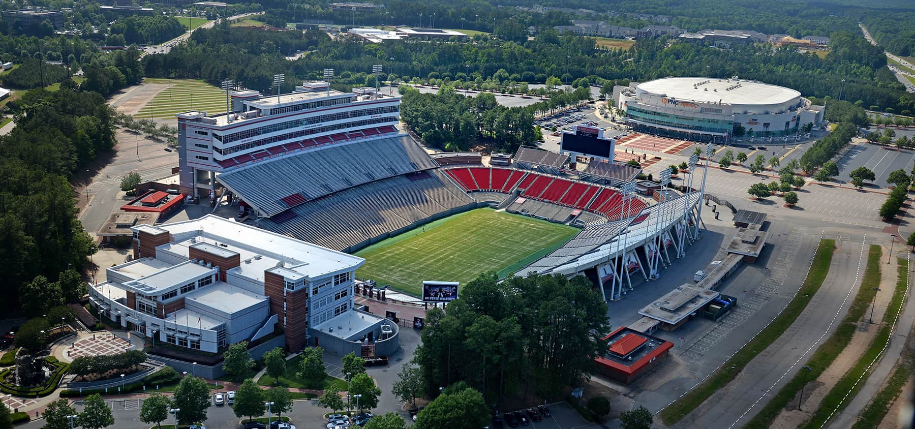 An aerial shot of an empty Carter-Finley Stadium