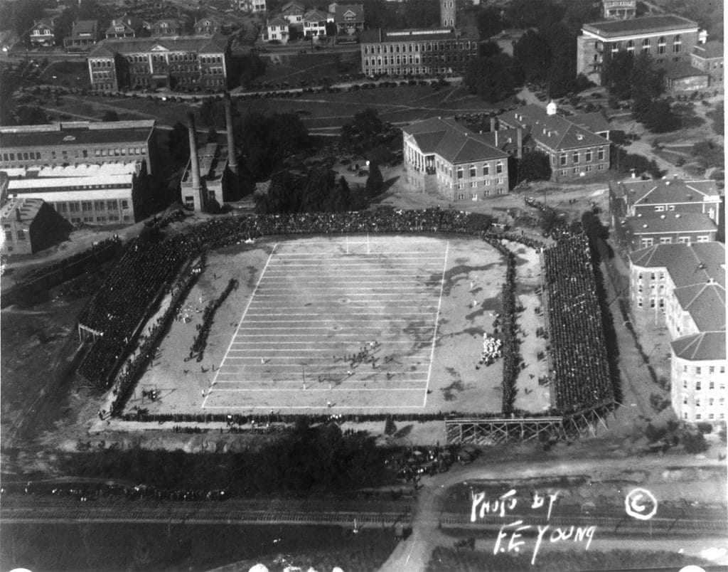 Aerial shot of NC State vs UNC-CH football game played at Riddick Stadium, ca. 1925.